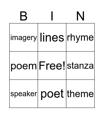 Poetry Vocabulary Bingo Card