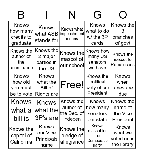 Patriot Bingo (Civics) Bingo Card