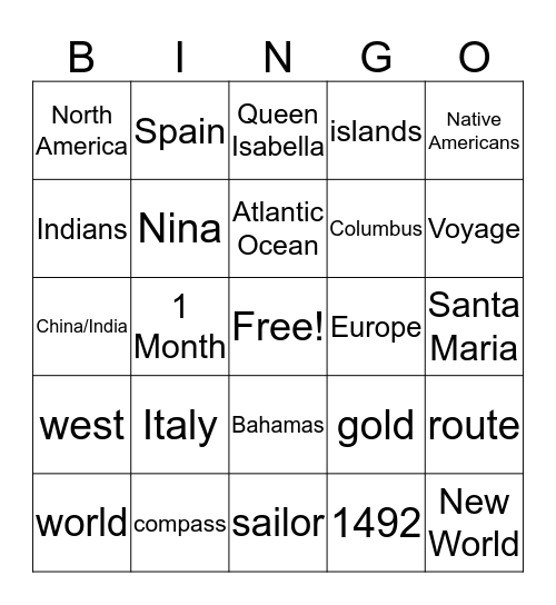 Columbus Bingo Card