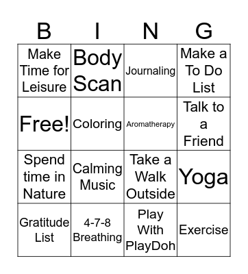 Stress Management Bingo Card