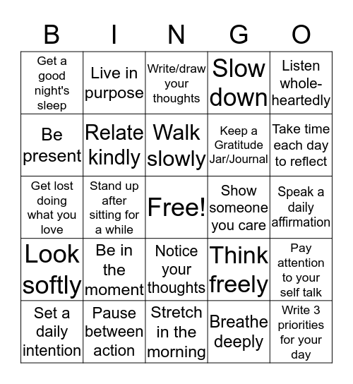 Mindfulness Bingo Card