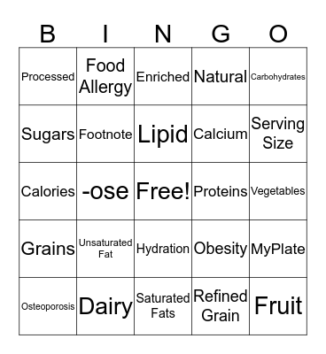 Nutrition Bingo Card