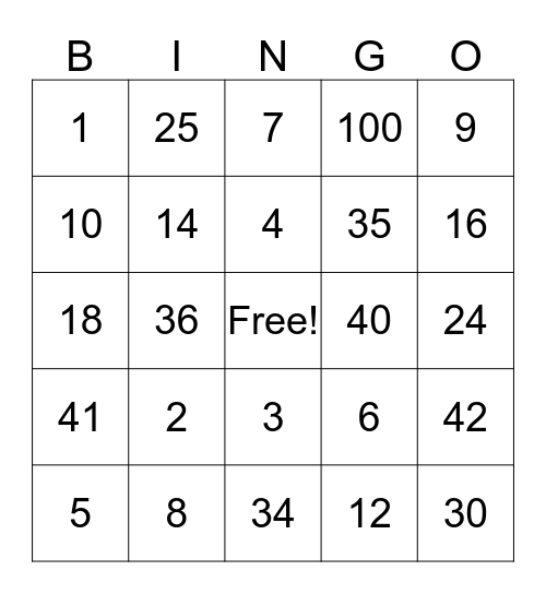 Multiplication and Division Bingo Card
