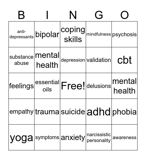 Mental Health Bingo Card