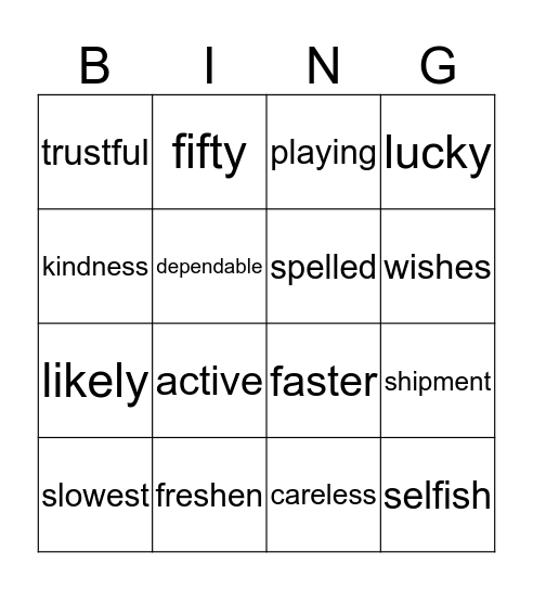 Words with Suffixes Bingo Card