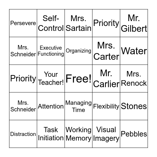 Executive Functioning Bingo! Bingo Card