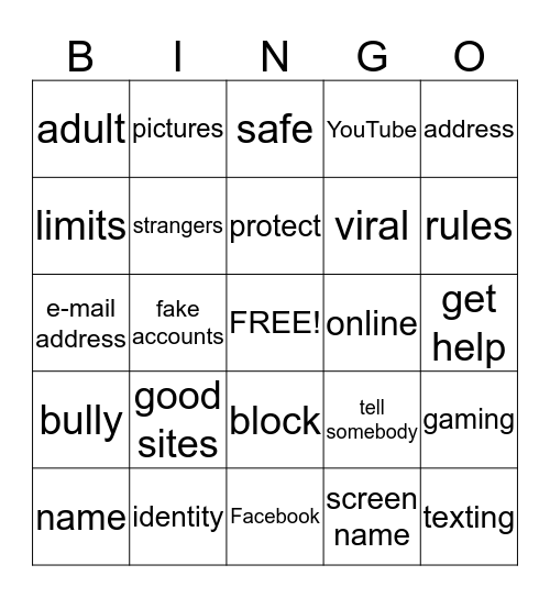 Internet Safety Bingo Card