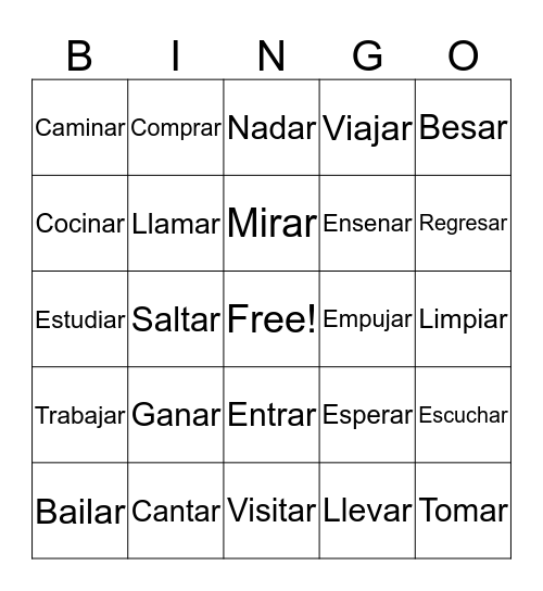 Ar Verbs Bingo Card