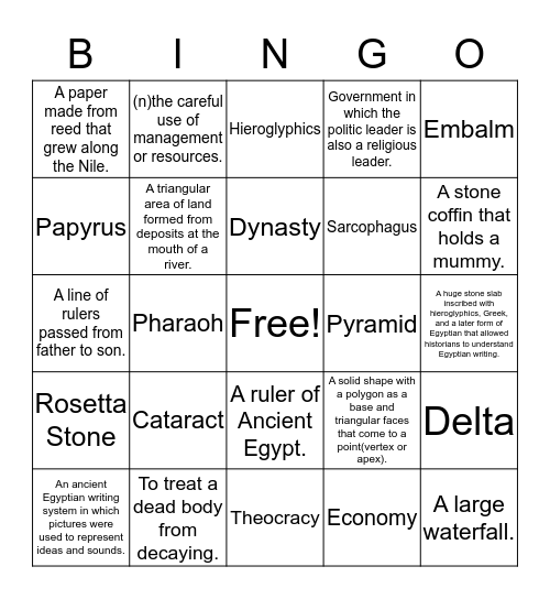 Ancient Egypt Vocab Bingo Card