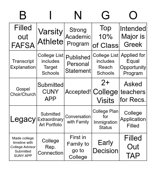 College Access Bingo Card