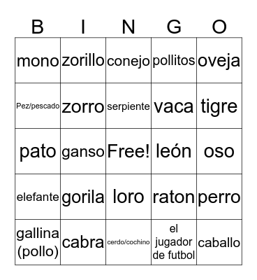 Animal Bingo Card