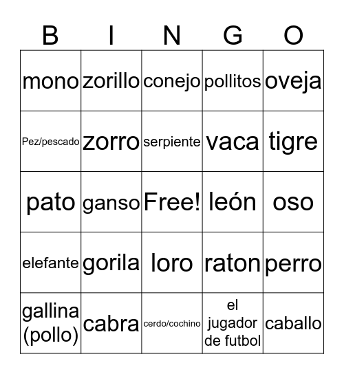 Animal Bingo Card