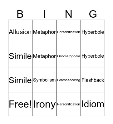 Figurative Language Bingo Card