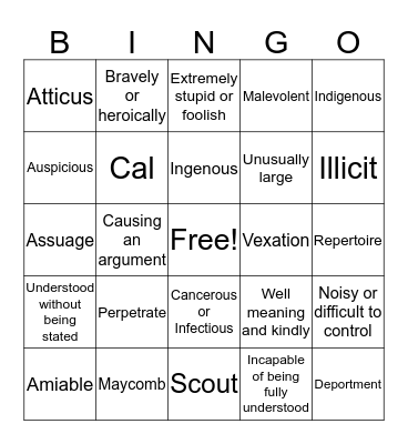 To Kill A Mocking Bird Vocab Bingo Card