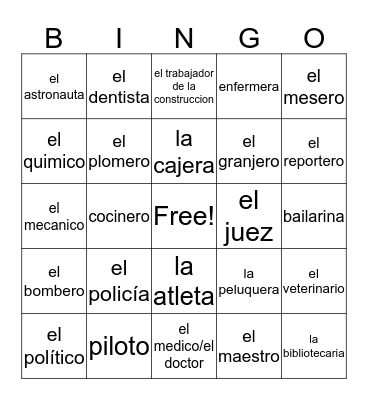 Professions Bingo Card