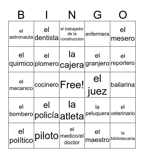 Professions Bingo Card