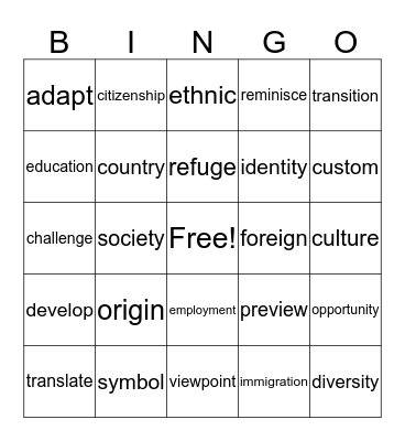 Unit 1 Vocabulary Words Bingo Card