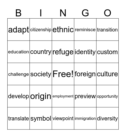 Unit 1 Vocabulary Words Bingo Card