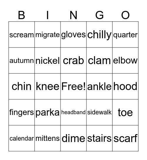 Vocabulary Bingo Card