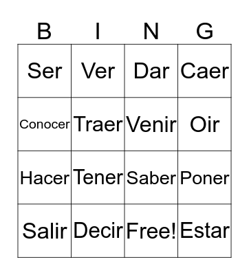16 Irregular Verbs Bingo Card