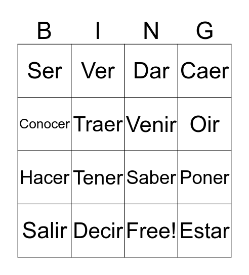16 Irregular Verbs Bingo Card
