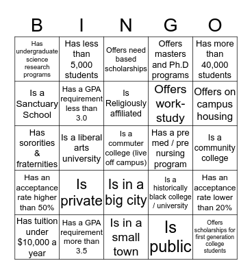 Find a college that.... Bingo Card