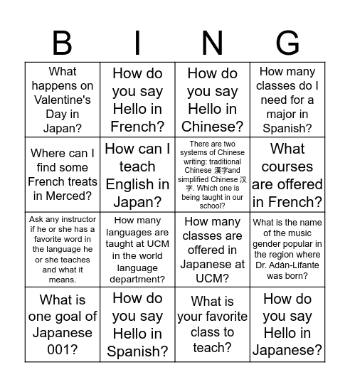 World Languages Open House 2019 Bingo Card