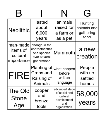 Stone Ages Vocabulary Bingo  Bingo Card