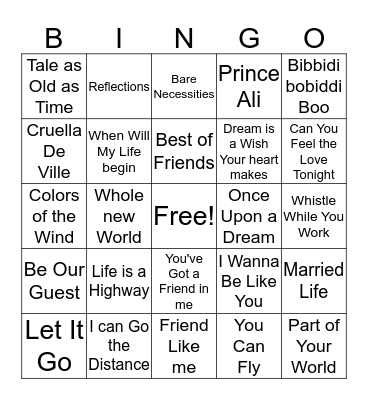 Disney Music Bingo Card