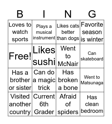 Getting to Know You Bingo Card