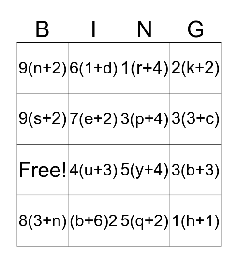 Distributive Property  Bingo Card