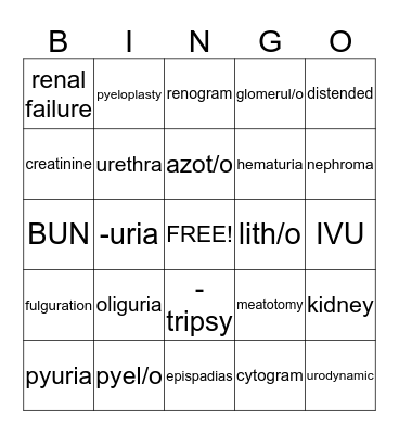 Urinary System Bingo Card