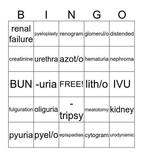 Urinary System Bingo Card