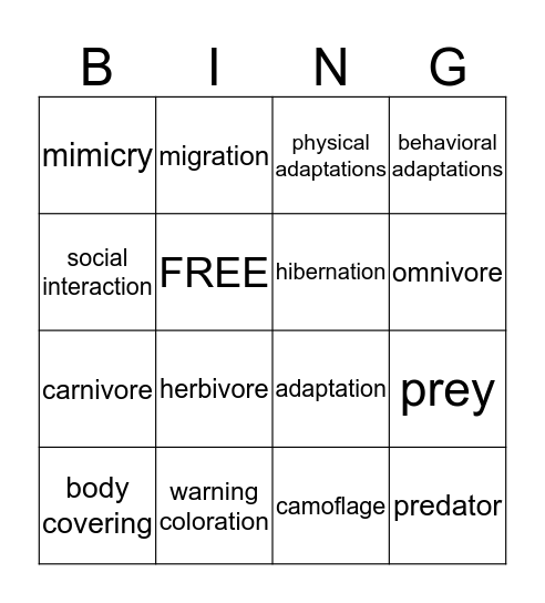 Animal Adaptations Bingo Card
