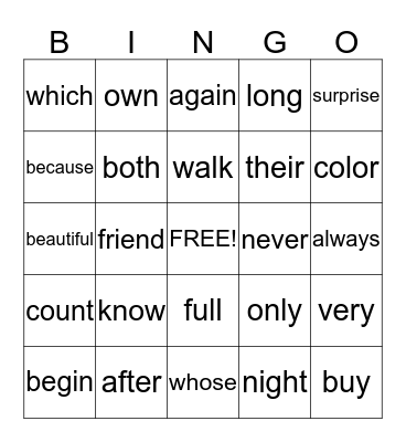 1B Power Words Bingo Card