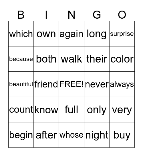 1B Power Words Bingo Card