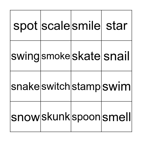 sp, st, sk, sw, sn, sc, sm Bingo Card