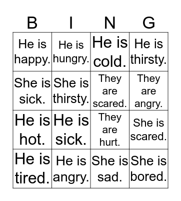 Feelings sentences Bingo Card