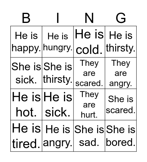 Feelings sentences Bingo Card