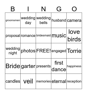 Torrie's Bridal Bingo Card