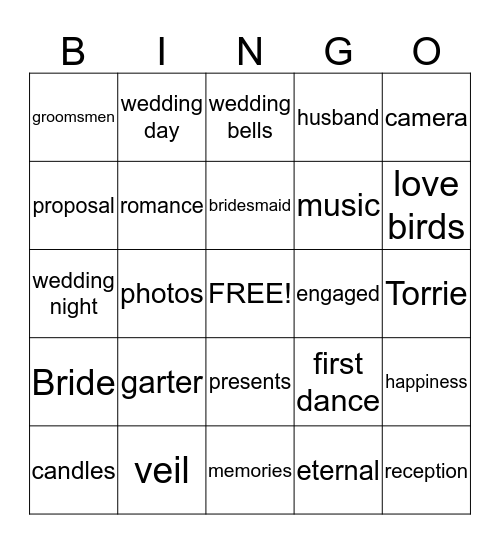Torrie's Bridal Bingo Card