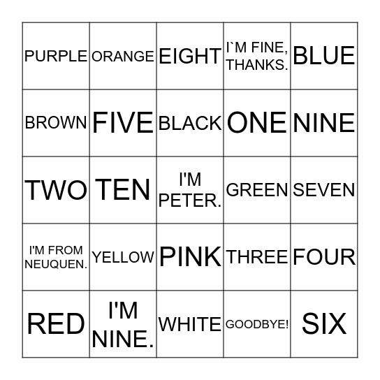 COLOURS BINGO Card