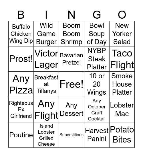 NYBP 10/17 Bingo - Win a Meal and Beer Token Bingo Card