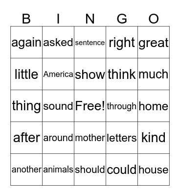 Sight Word Bingo Card