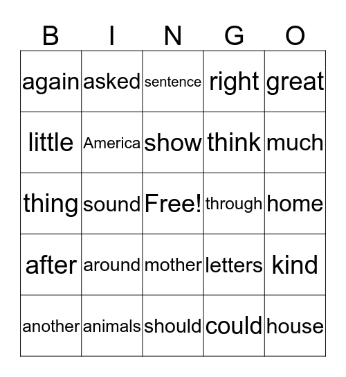 Sight Word Bingo Card