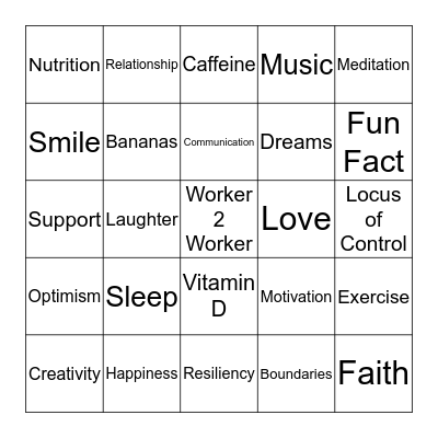 Resiliency Bingo Card