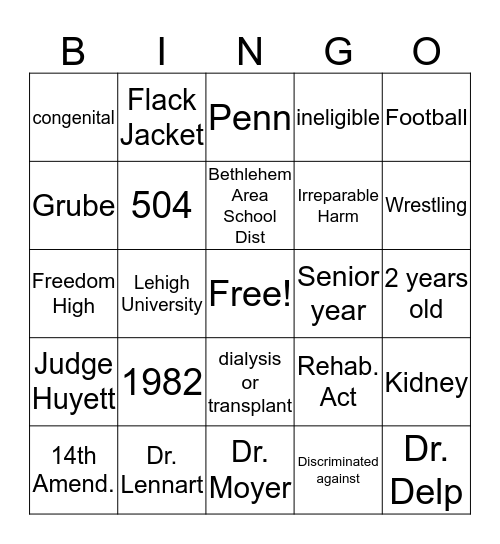 Grube v Bethlehem Area School District Bingo Card