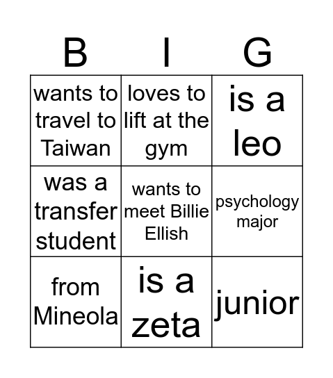 BIG BINGO  Bingo Card