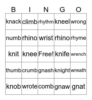 Silent Word Bingo Card