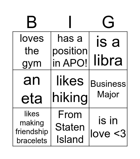 BIG BINGO Card